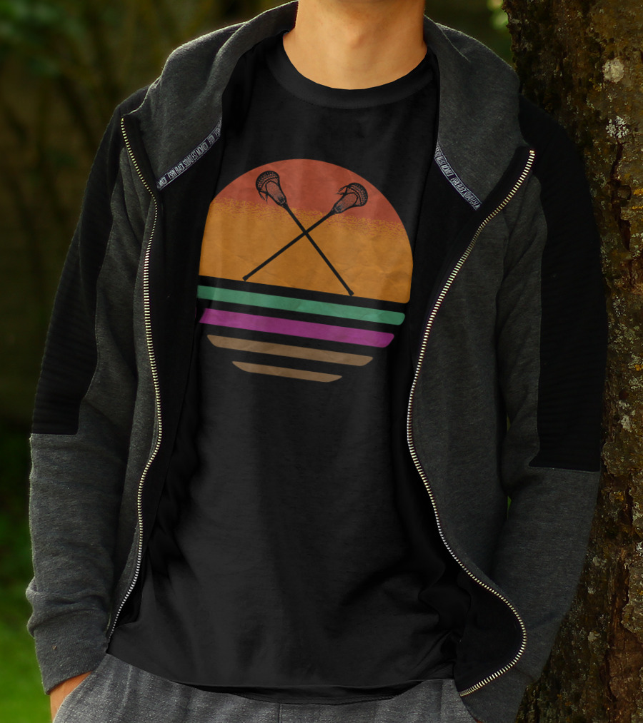 Vintage Retro Lacrosse Crossed Sticks Silhouette Sun T-Shirt