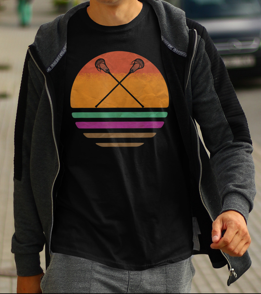 Vintage Retro Lacrosse Crossed Sticks Silhouette Sun T-Shirt