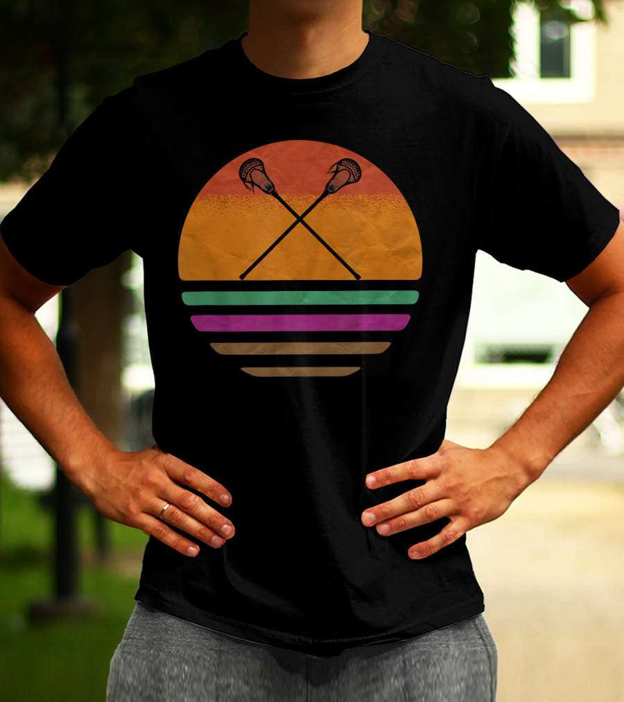 Vintage Retro Lacrosse Crossed Sticks Silhouette Sun T-Shirt