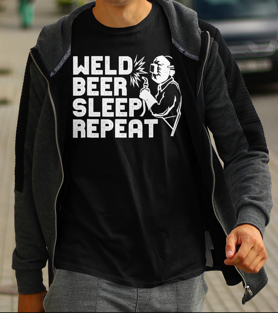 Weld Beer Sleep Repeat Welder Welding Mask Spark T-Shirt
