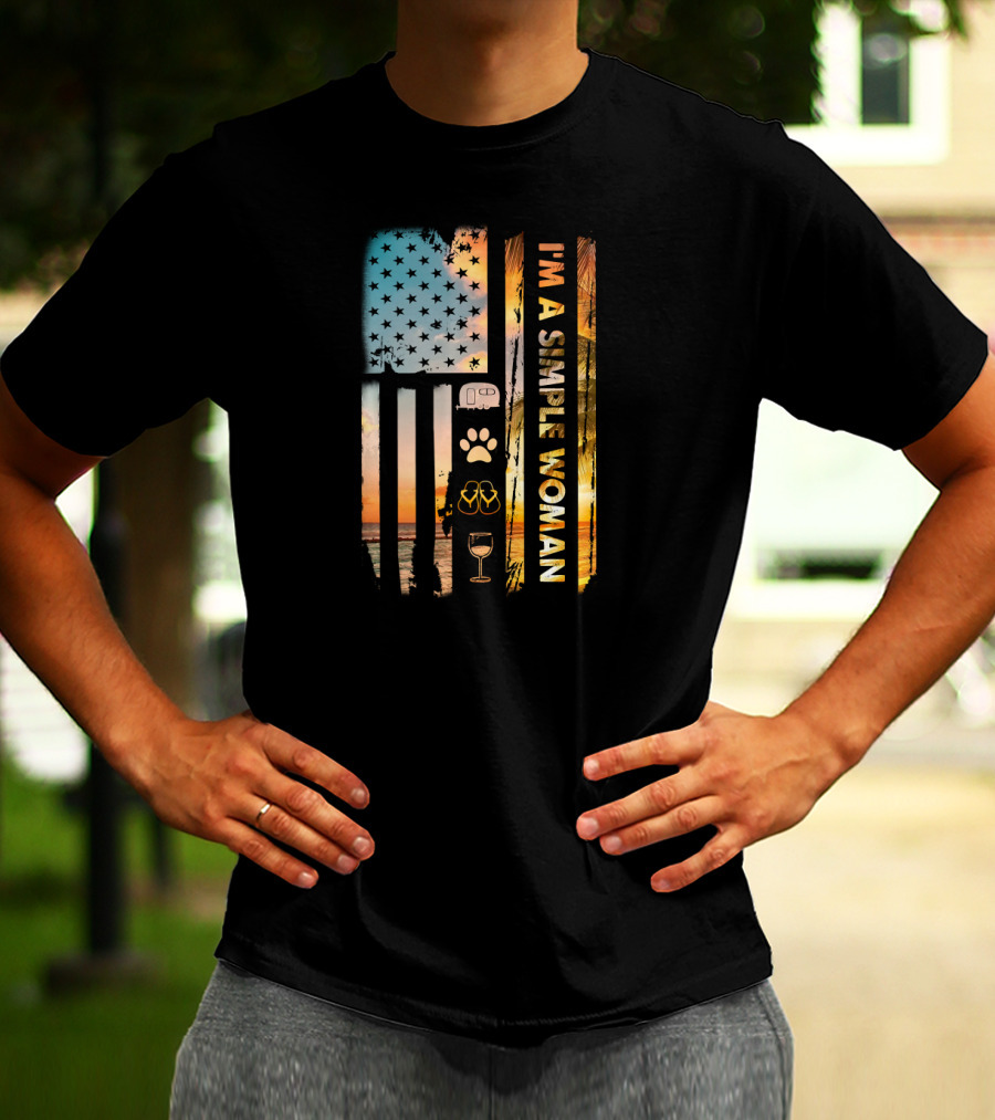 I'm A Simple Woman USA Flag Camping Wine Flip Flops Dog Camp T-Shirt