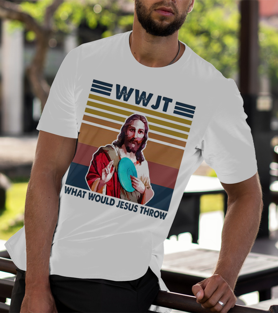 WWJT What Would Jesus Throw Disc Golf Frisbee Retro Stripes T-Shirt