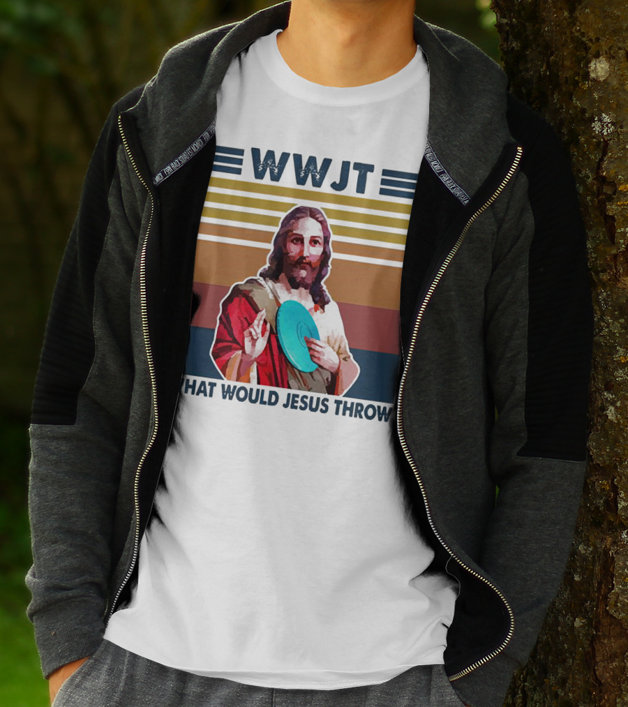 WWJT What Would Jesus Throw Disc Golf Frisbee Retro Stripes T-Shirt