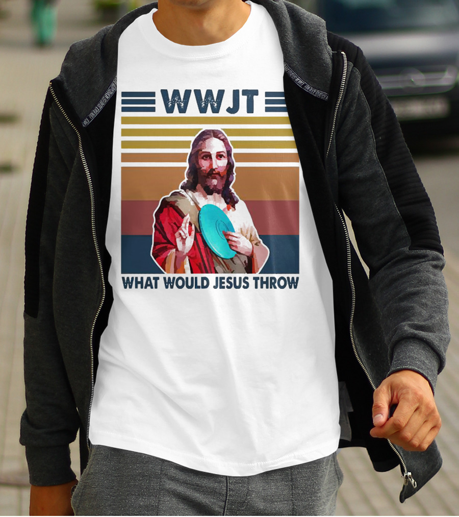 WWJT What Would Jesus Throw Disc Golf Frisbee Retro Stripes T-Shirt