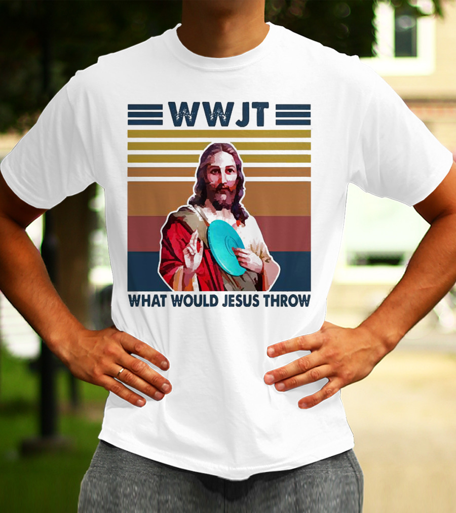 WWJT What Would Jesus Throw Disc Golf Frisbee Retro Stripes T-Shirt