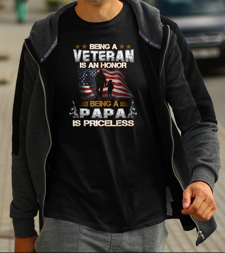 Being A Veteran Is An Honor Being A Papa Is Priceless American Flag Silhouette With Stars And Guns T-Shirt