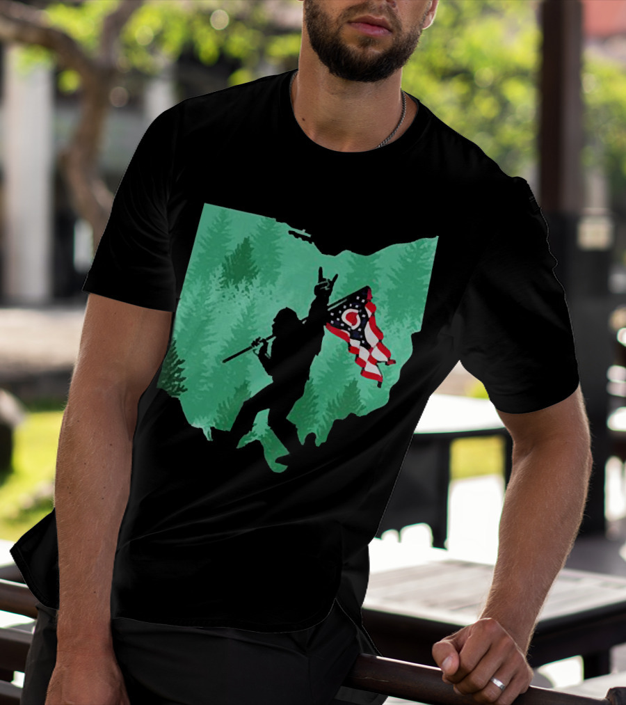 Bigfoot Rock And Roll Ohio State Silhouette With Flag Forest Background T-Shirt