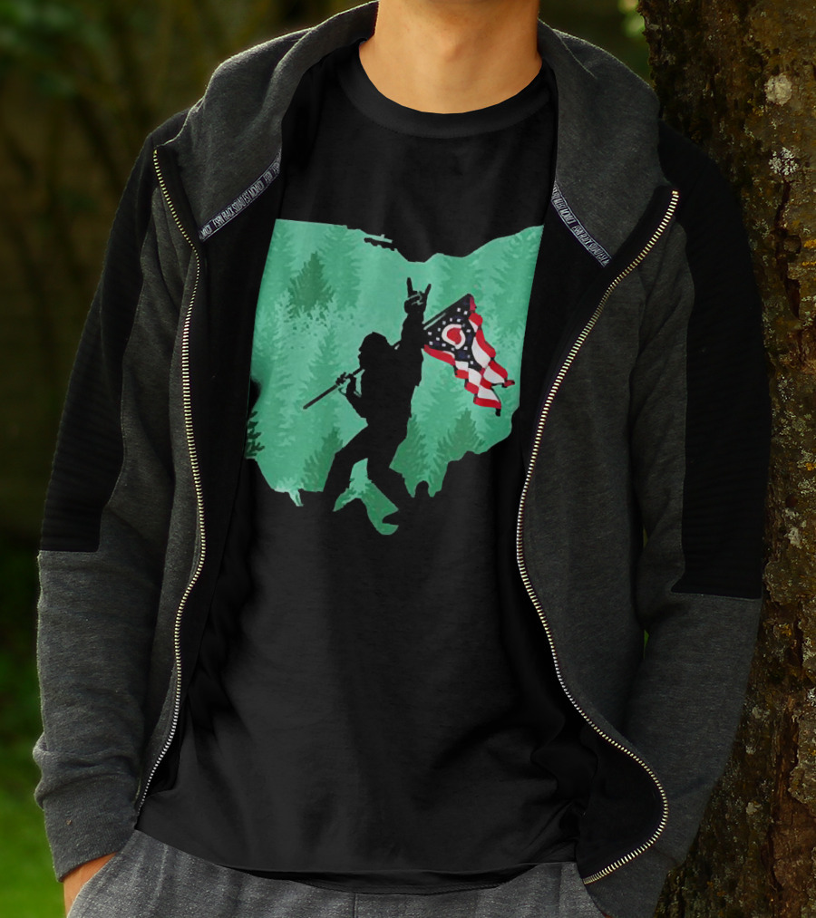Bigfoot Rock And Roll Ohio State Silhouette With Flag Forest Background T-Shirt