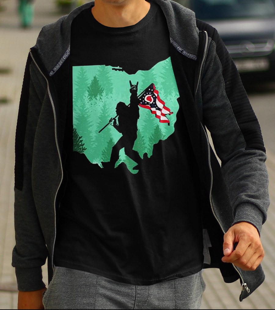 Bigfoot Rock And Roll Ohio State Silhouette With Flag Forest Background T-Shirt