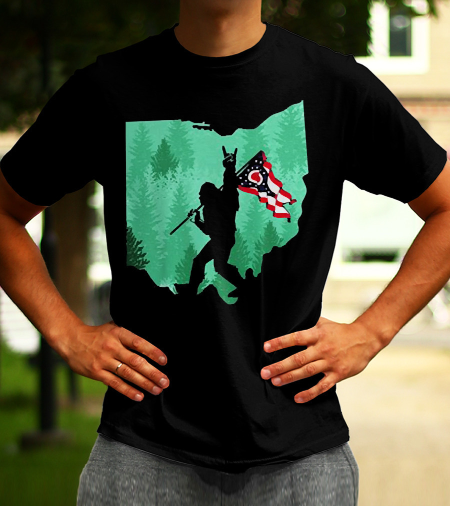 Bigfoot Rock And Roll Ohio State Silhouette With Flag Forest Background T-Shirt