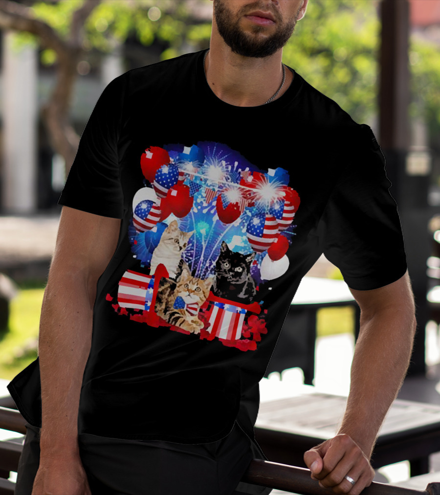 Cats Fireworks Balloons America Flag Happy Independence Day T-Shirt