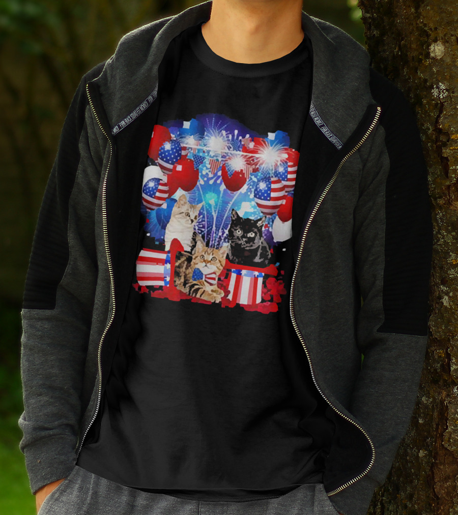 Cats Fireworks Balloons America Flag Happy Independence Day T-Shirt