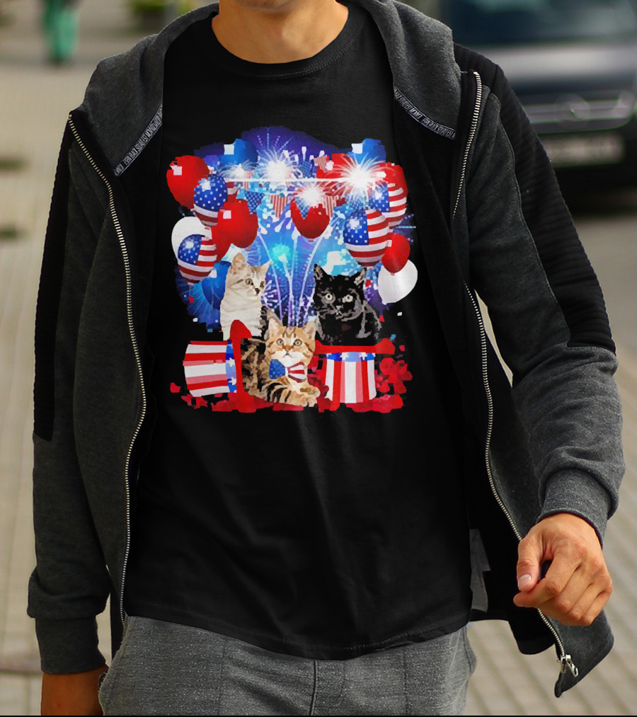 Cats Fireworks Balloons America Flag Happy Independence Day T-Shirt