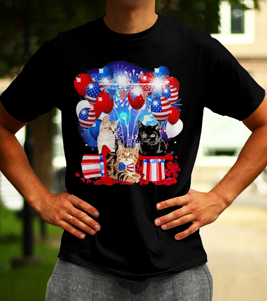 Cats Fireworks Balloons America Flag Happy Independence Day T-Shirt