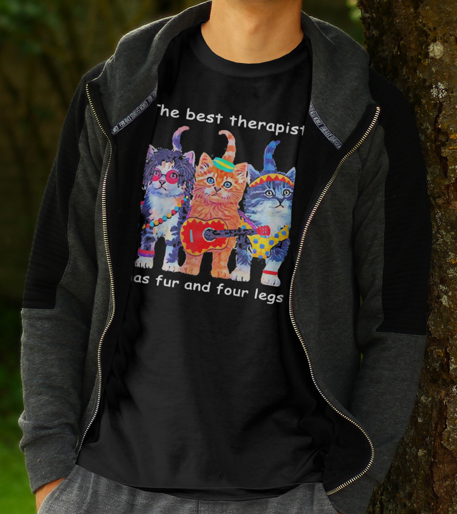 The Best Therapist Has Fur And Four Legs With Colorful Cats In Fun Outfits T-Shirt