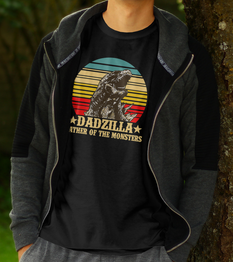 Dadzilla Father Of The Monsters Dinosaur Retro Sunset Stripe T-Shirt