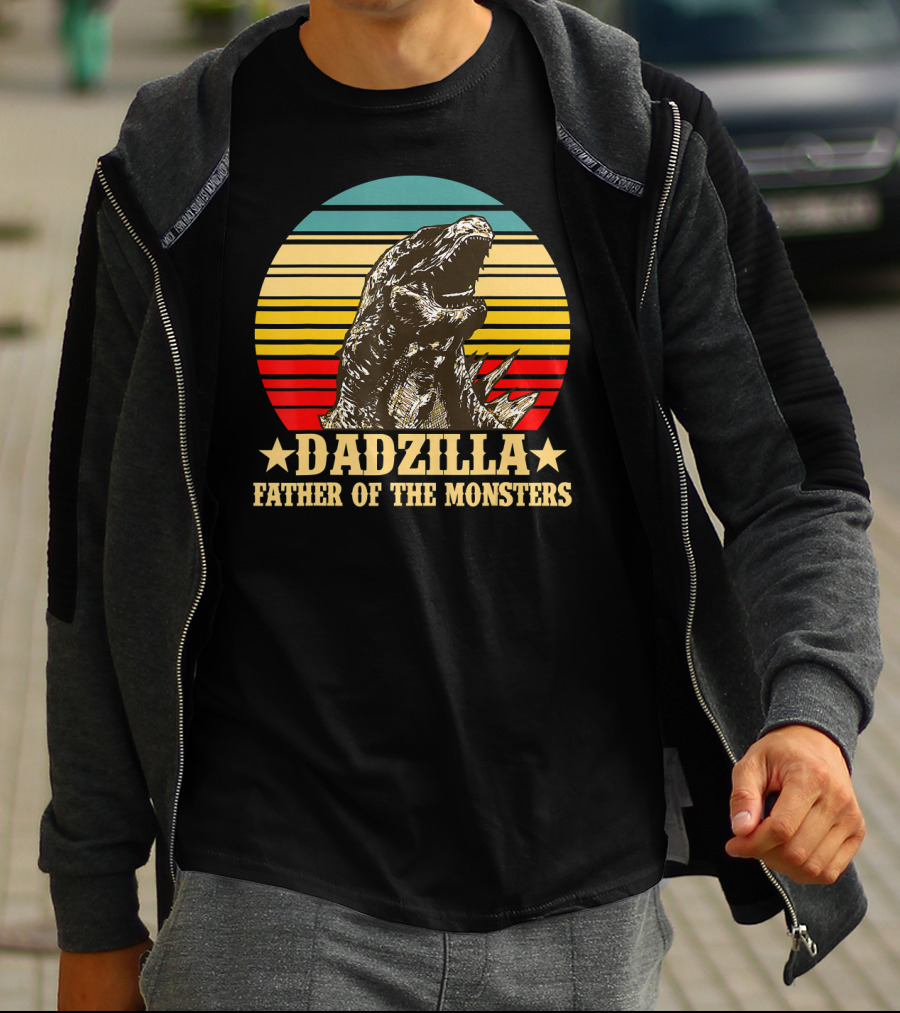 Dadzilla Father Of The Monsters Dinosaur Retro Sunset Stripe T-Shirt