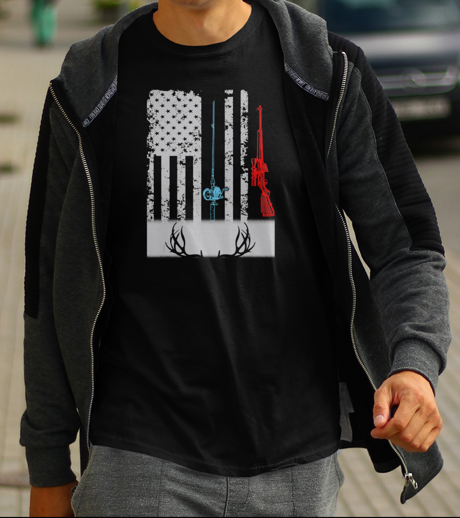 American Flag Fishing Rod Rifle Antlers T-Shirt