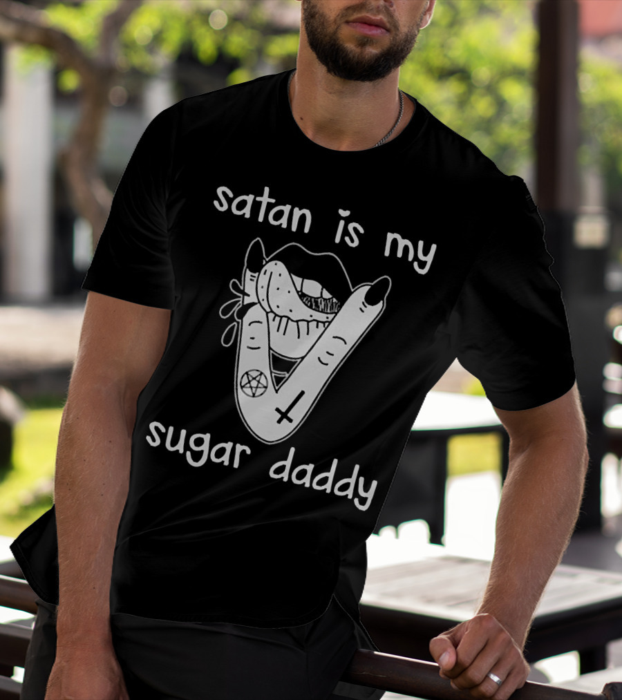 Satan Is My Sugar Daddy Lips With Tongue And Hand Pentagram Cross Symbols T-Shirt