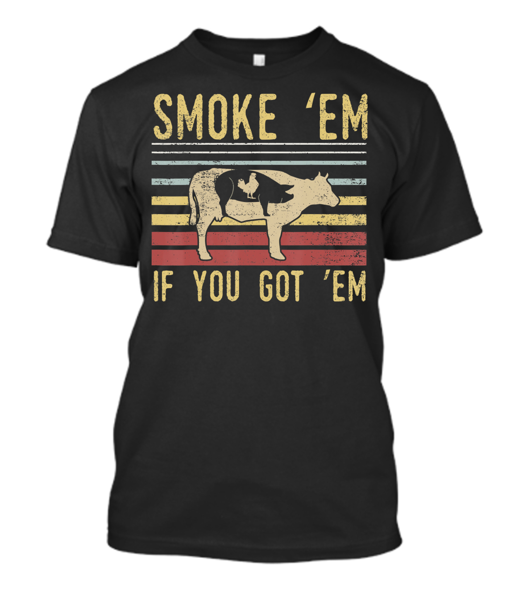 Retro BBQ Smoke 'Em If You Got 'Em Grilling Cow And Pig Silhouette Vintage Stripes T-Shirt
