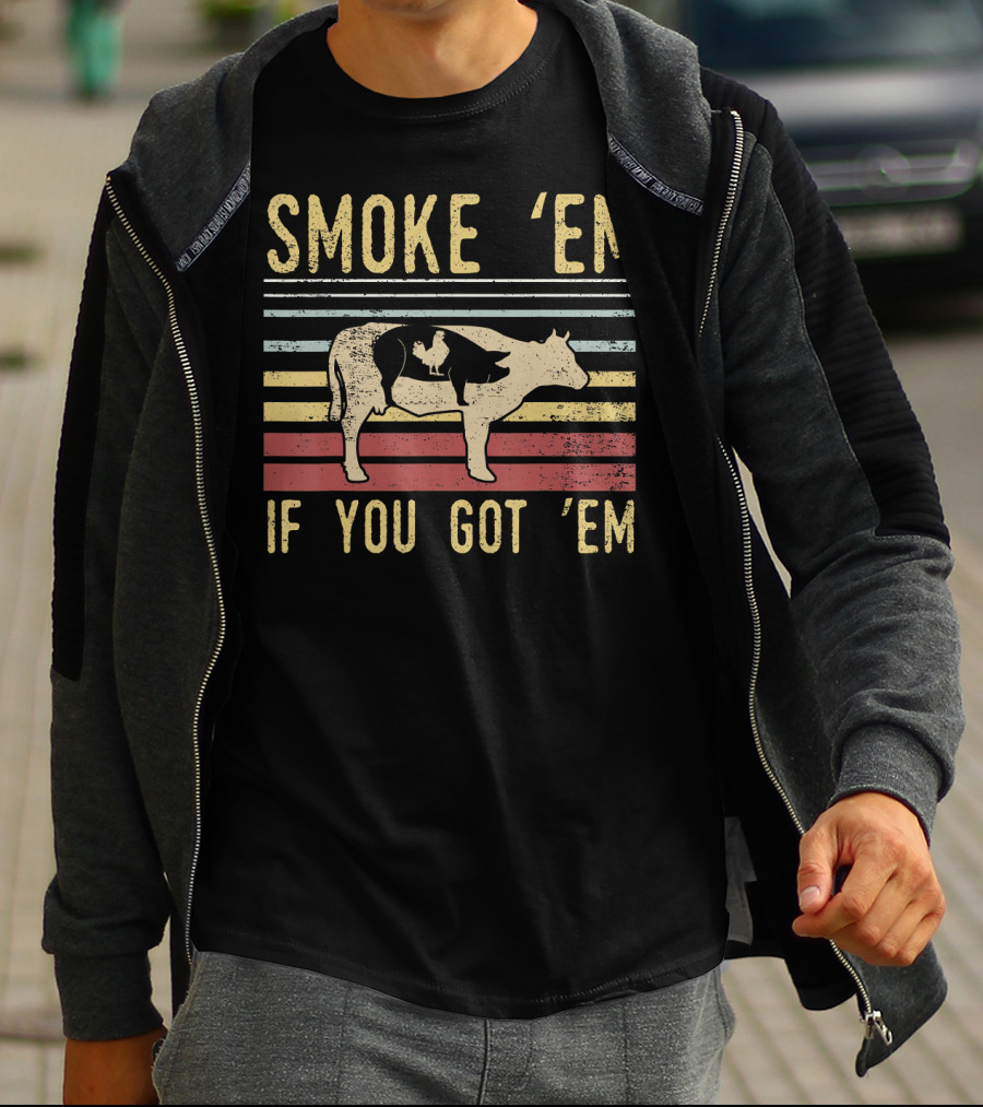 Retro BBQ Smoke 'Em If You Got 'Em Grilling Cow And Pig Silhouette Vintage Stripes T-Shirt