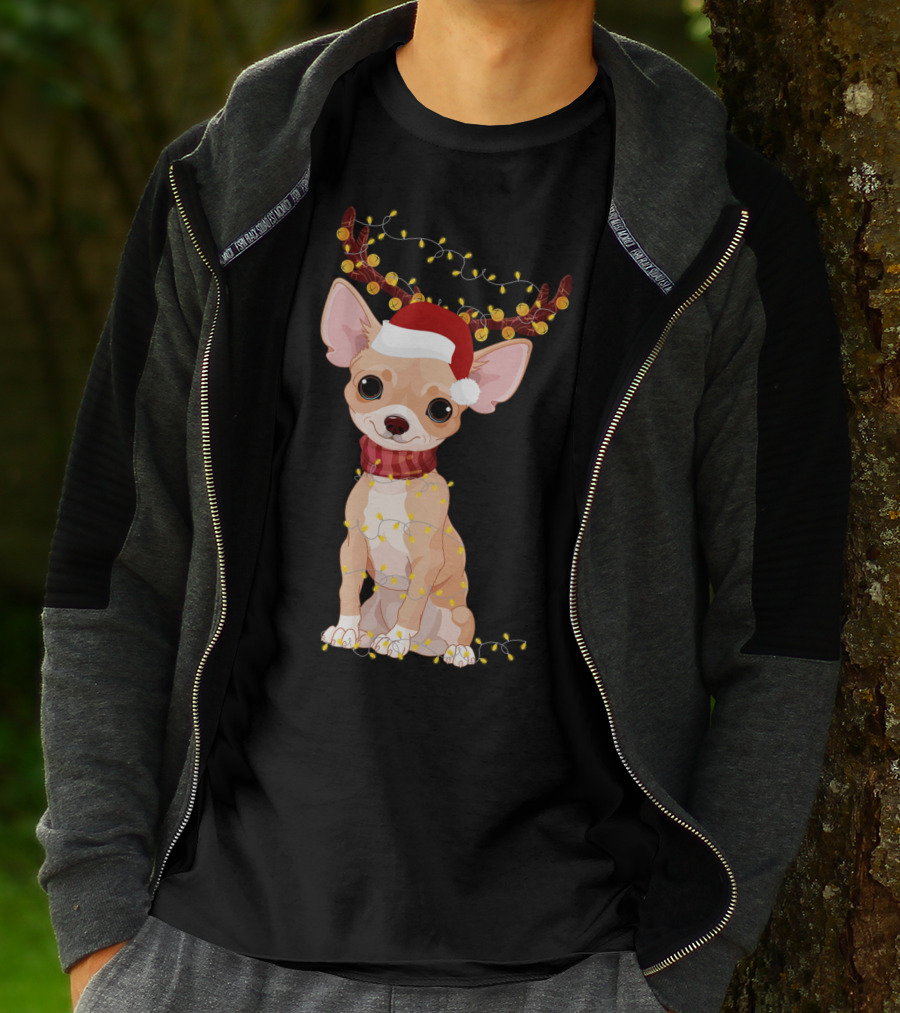 Chihuahua With Santa Hat Reindeer Antlers Christmas Lights Noel T-Shirt