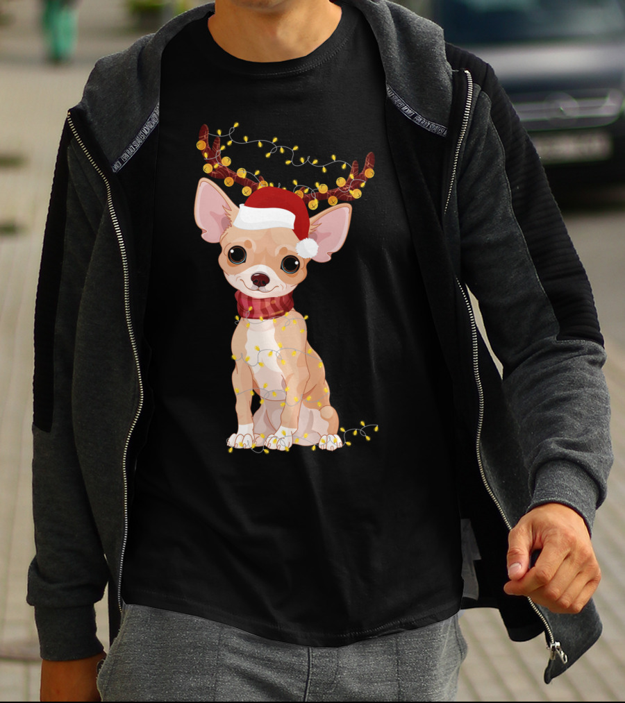 Chihuahua With Santa Hat Reindeer Antlers Christmas Lights Noel T-Shirt