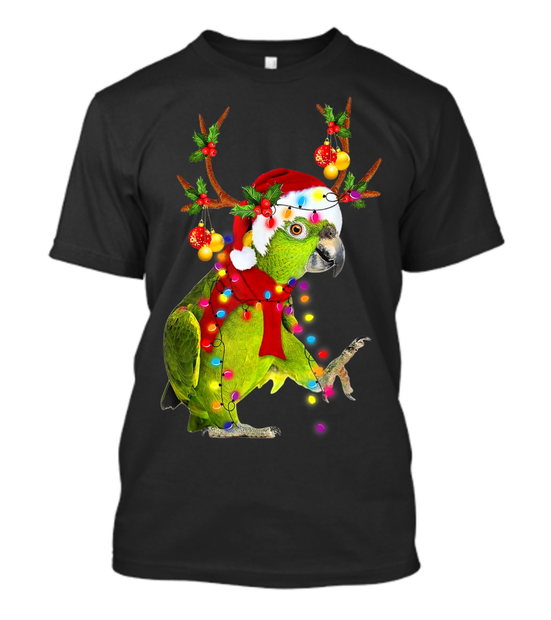 Cockatoo Parrot Reindeer Antlers Christmas Lights Santa Hat T-Shirt
