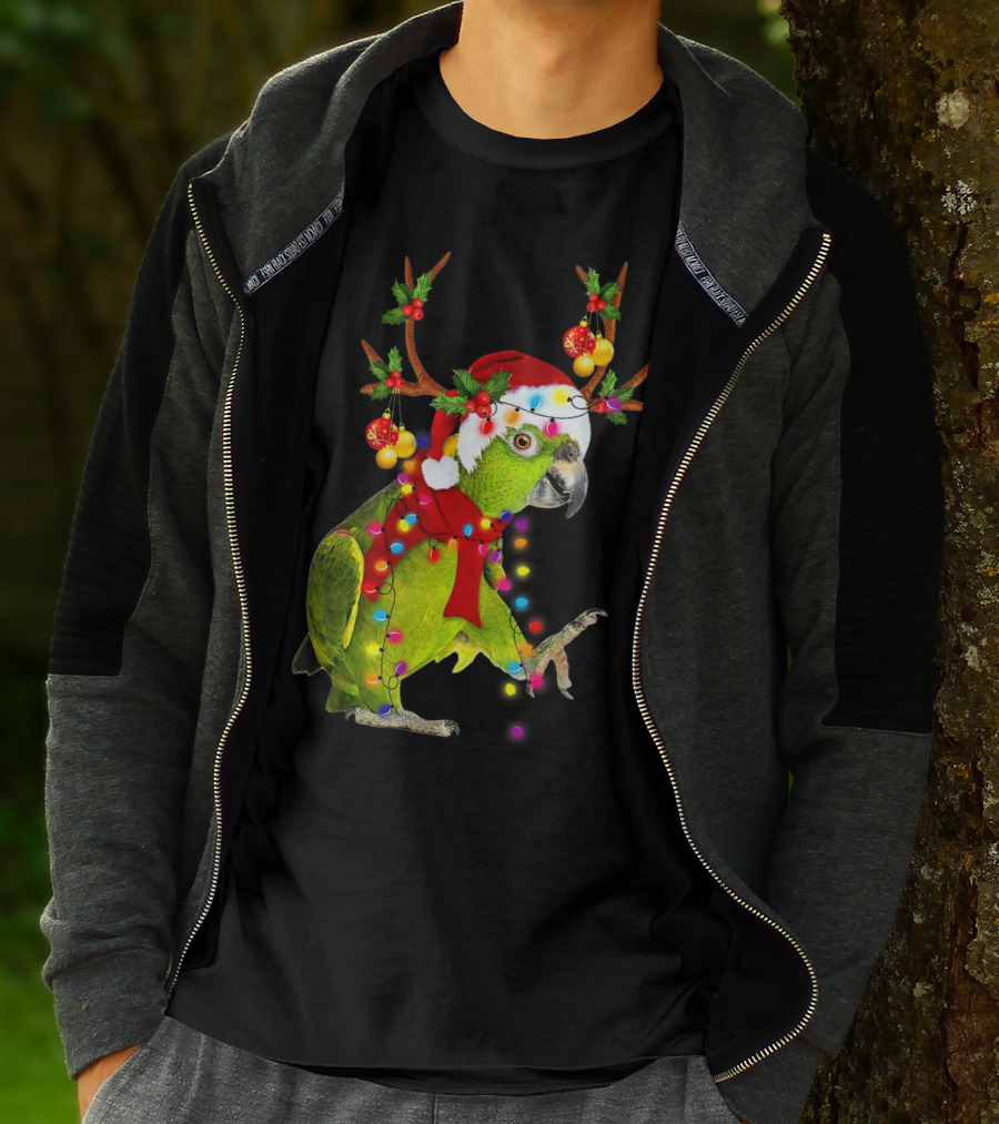 Cockatoo Parrot Reindeer Antlers Christmas Lights Santa Hat T-Shirt