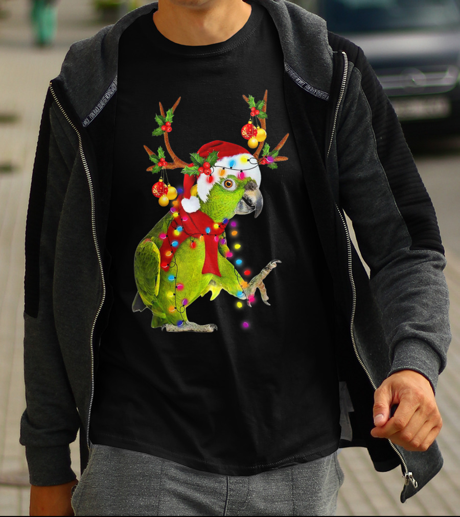 Cockatoo Parrot Reindeer Antlers Christmas Lights Santa Hat T-Shirt