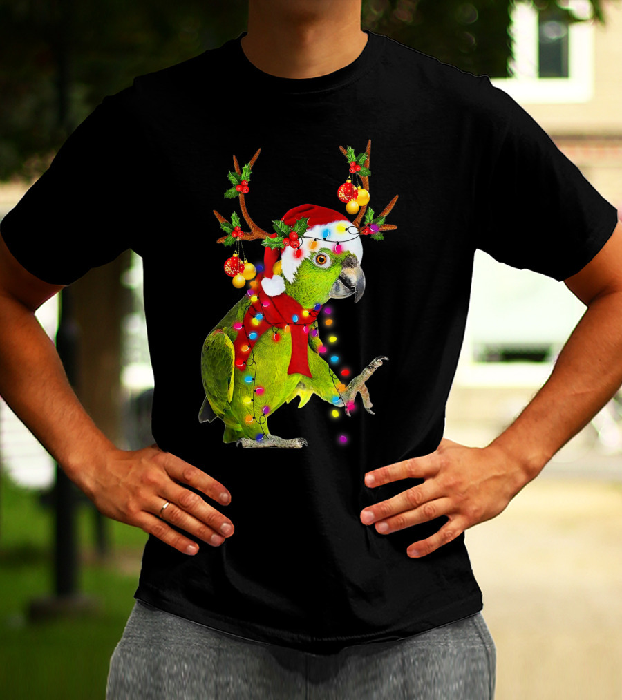 Cockatoo Parrot Reindeer Antlers Christmas Lights Santa Hat T-Shirt