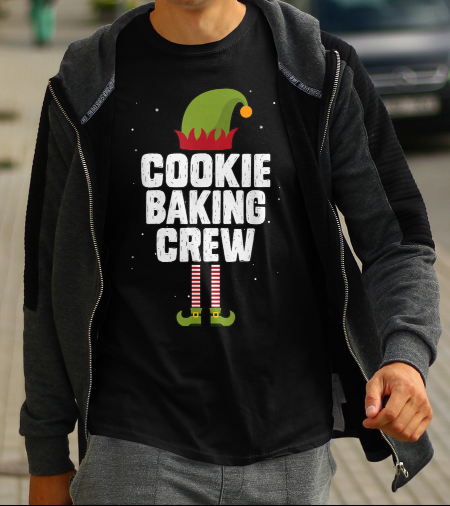Cookie Baking Crew Christmas Elf Hat And Striped Stockings T-Shirt