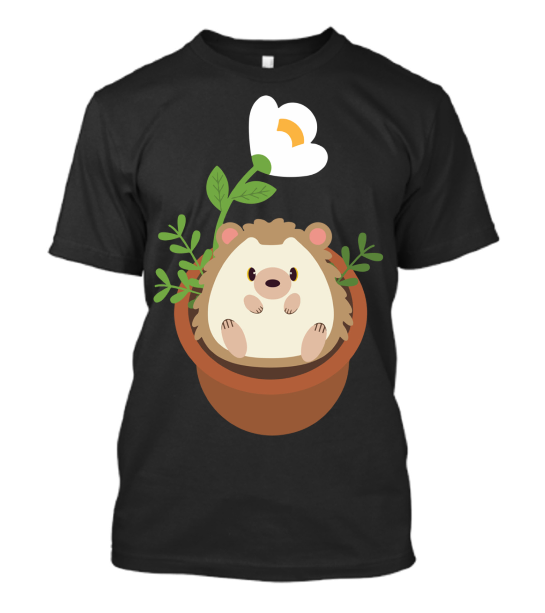 Cute Hedgehog Sitting In Flowering Plant Pot T-Shirt