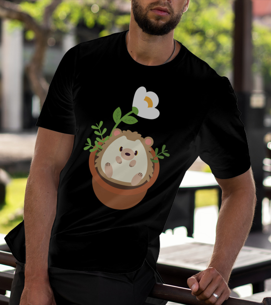 Cute Hedgehog Sitting In Flowering Plant Pot T-Shirt