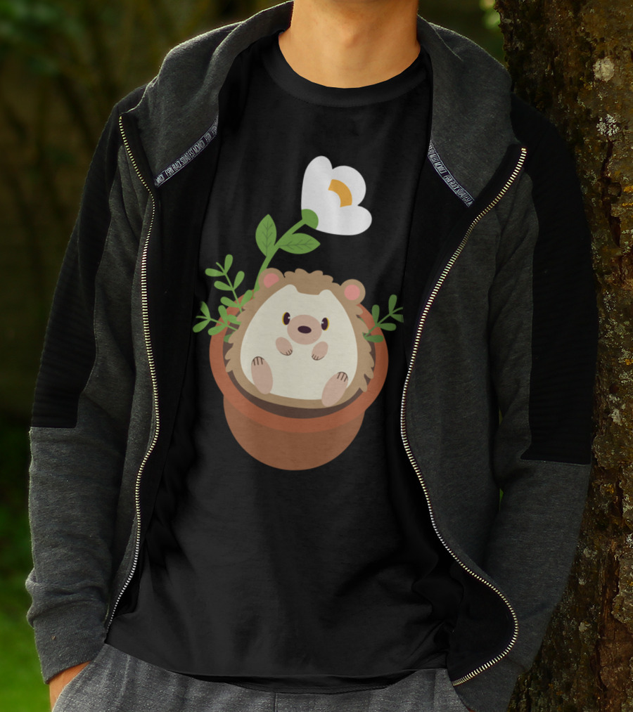 Cute Hedgehog Sitting In Flowering Plant Pot T-Shirt