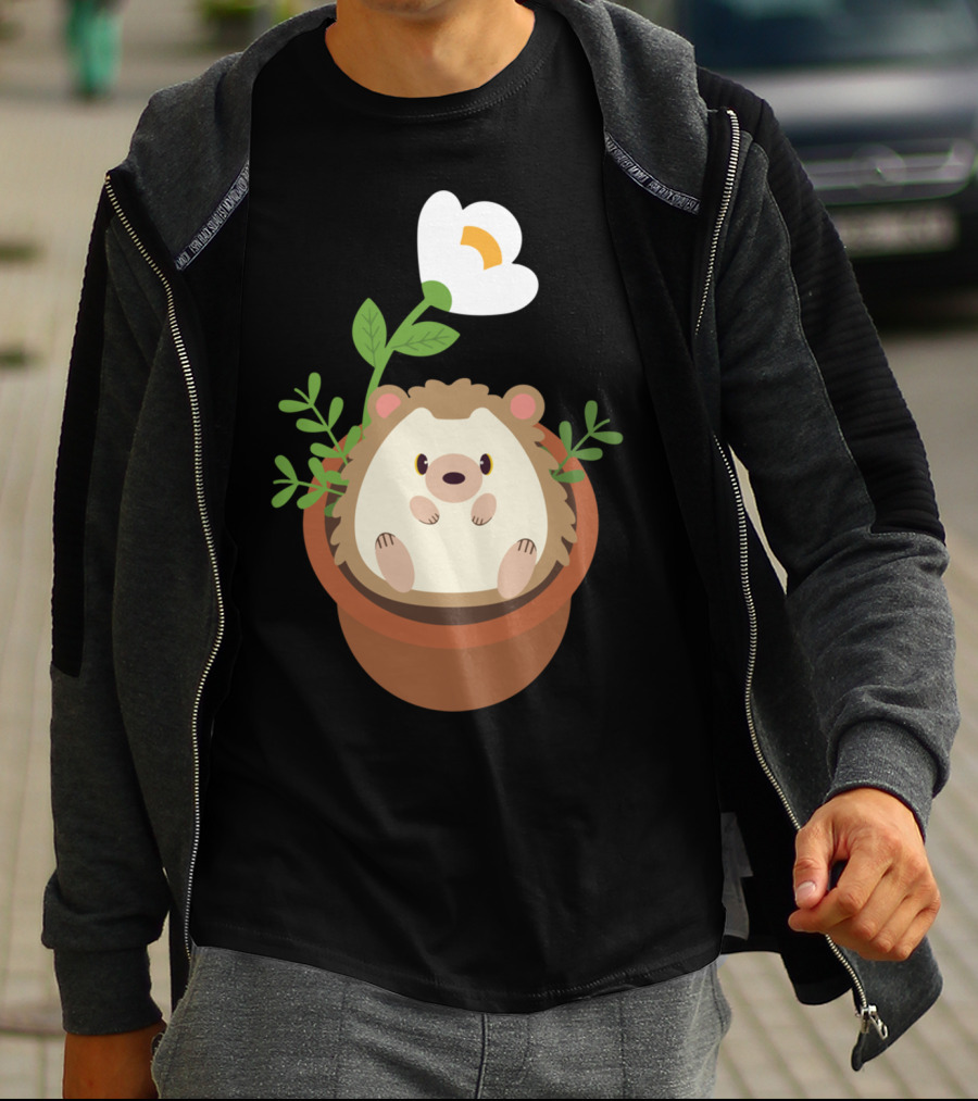 Cute Hedgehog Sitting In Flowering Plant Pot T-Shirt