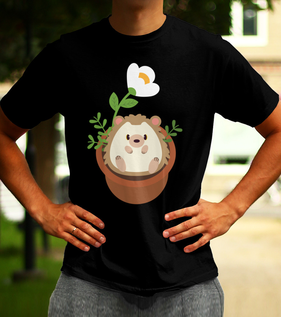 Cute Hedgehog Sitting In Flowering Plant Pot T-Shirt