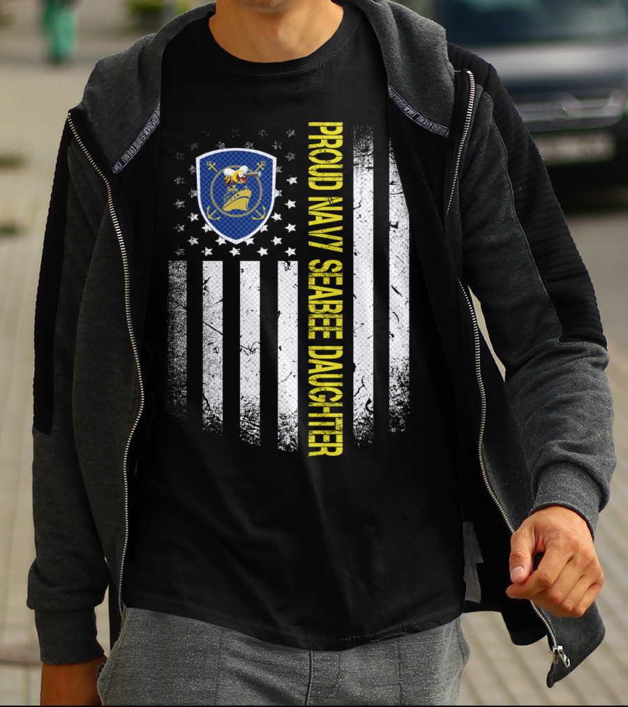 Proud Navy Seabee Daughter Black And White American Flag With Seabee Emblem T-Shirt