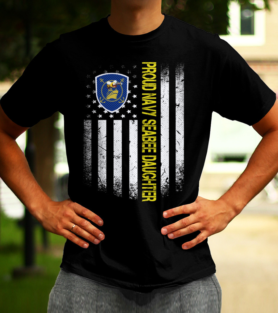 Proud Navy Seabee Daughter Black And White American Flag With Seabee Emblem T-Shirt