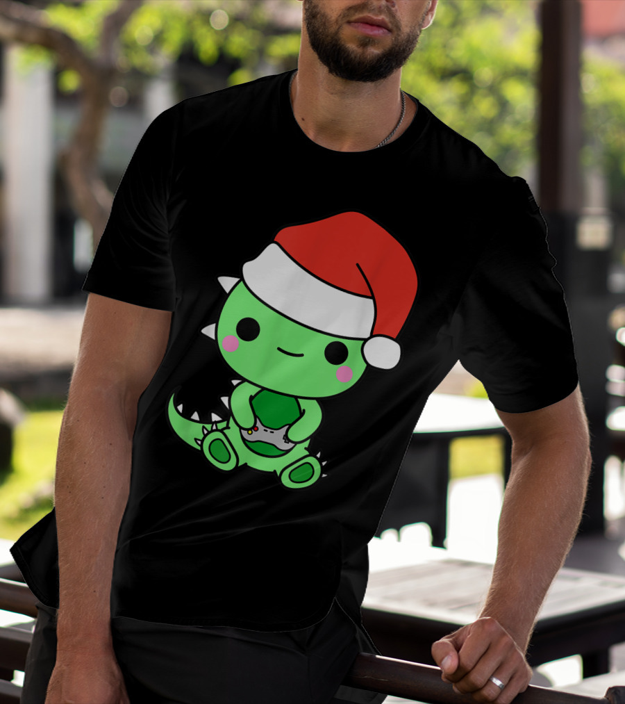 Christmas Gaming Dinosaur Santa Gamer Nerd T-Shirt