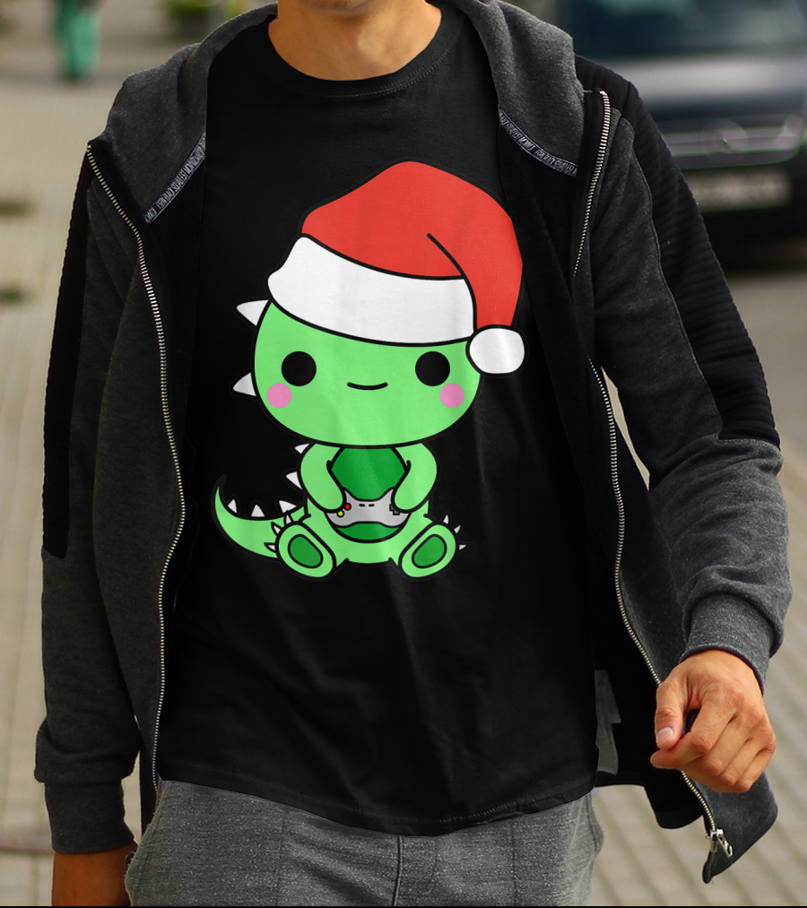 Christmas Gaming Dinosaur Santa Gamer Nerd T-Shirt