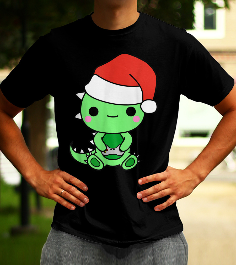 Christmas Gaming Dinosaur Santa Gamer Nerd T-Shirt