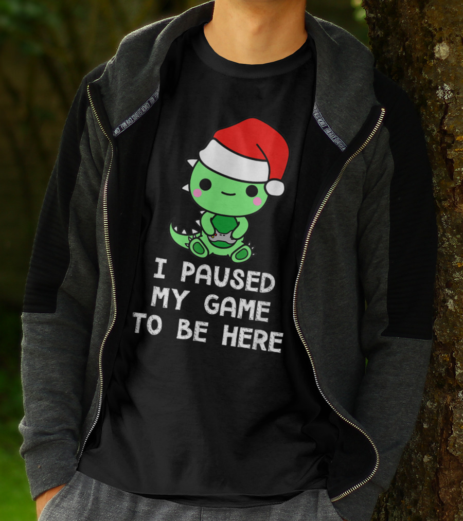 I Paused My Game To Be Here Christmas Dinosaur Gamer Santa Hat T-Shirt