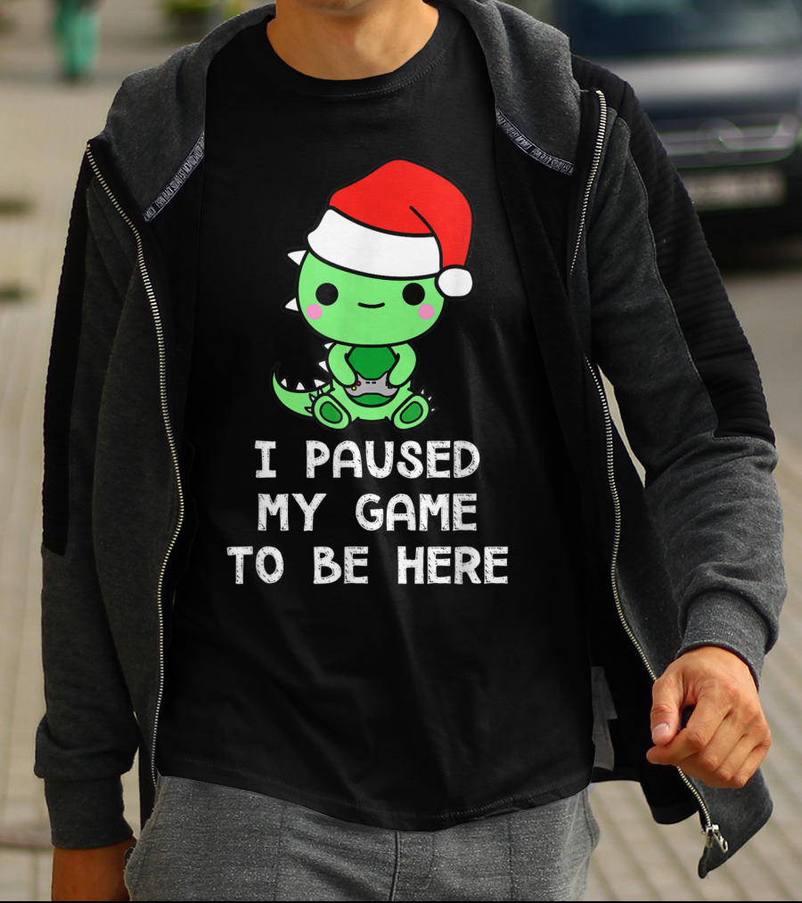 I Paused My Game To Be Here Christmas Dinosaur Gamer Santa Hat T-Shirt