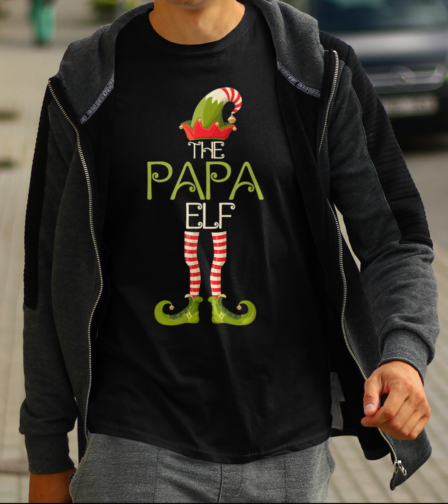 The Papa Elf Christmas Hat And Shoes With Red And White Striped Legs T-Shirt