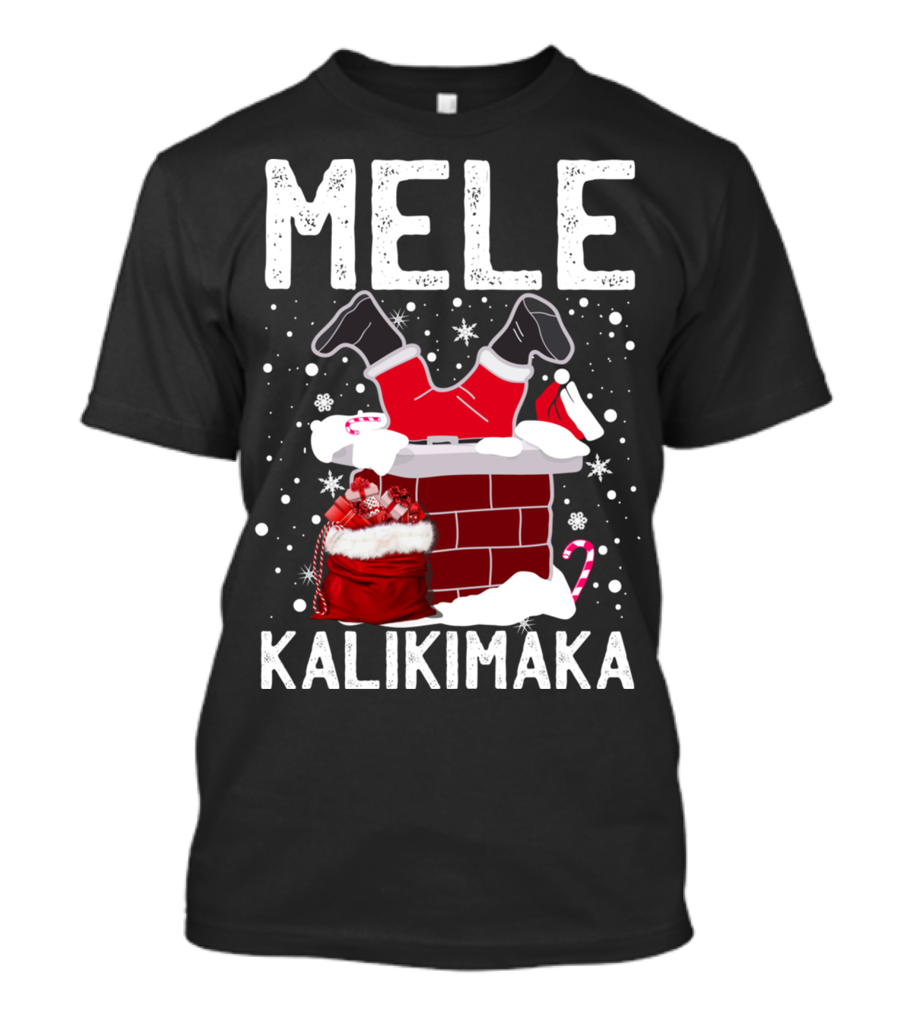 Mele Kalikimaka Santa In Chimney With Gifts Candy Cane Snowflakes Hawaiian Christmas T-Shirt