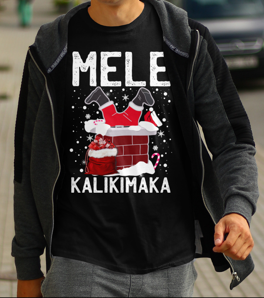 Mele Kalikimaka Santa In Chimney With Gifts Candy Cane Snowflakes Hawaiian Christmas T-Shirt
