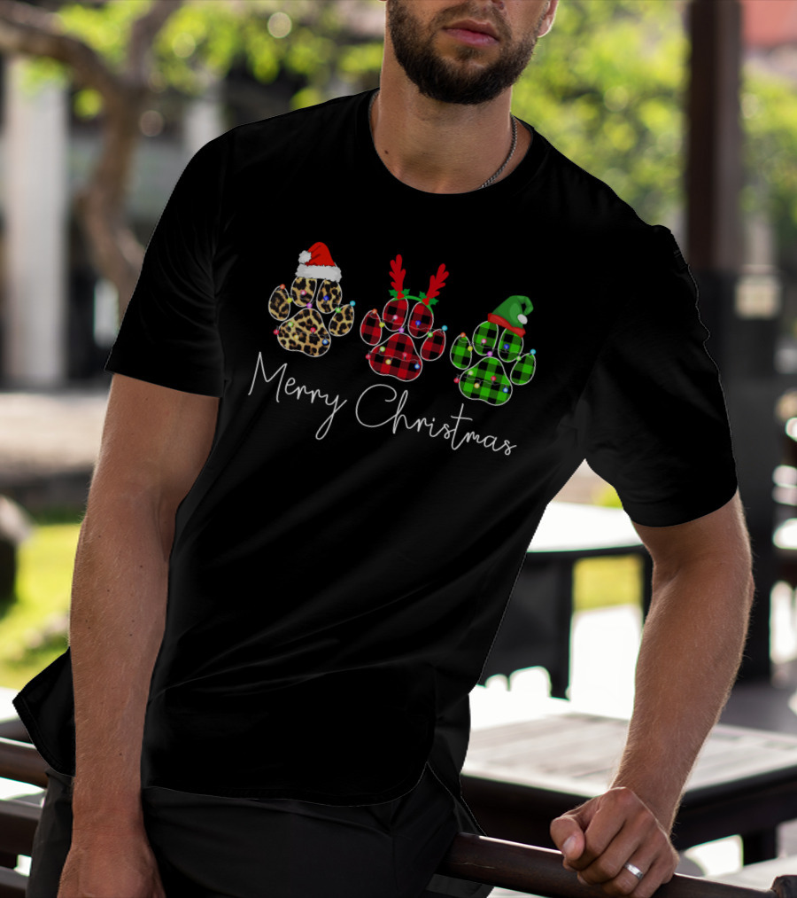 Merry Christmas Paw Dogs With Santa Hat Reindeer Antlers And Elf Hat T-Shirt