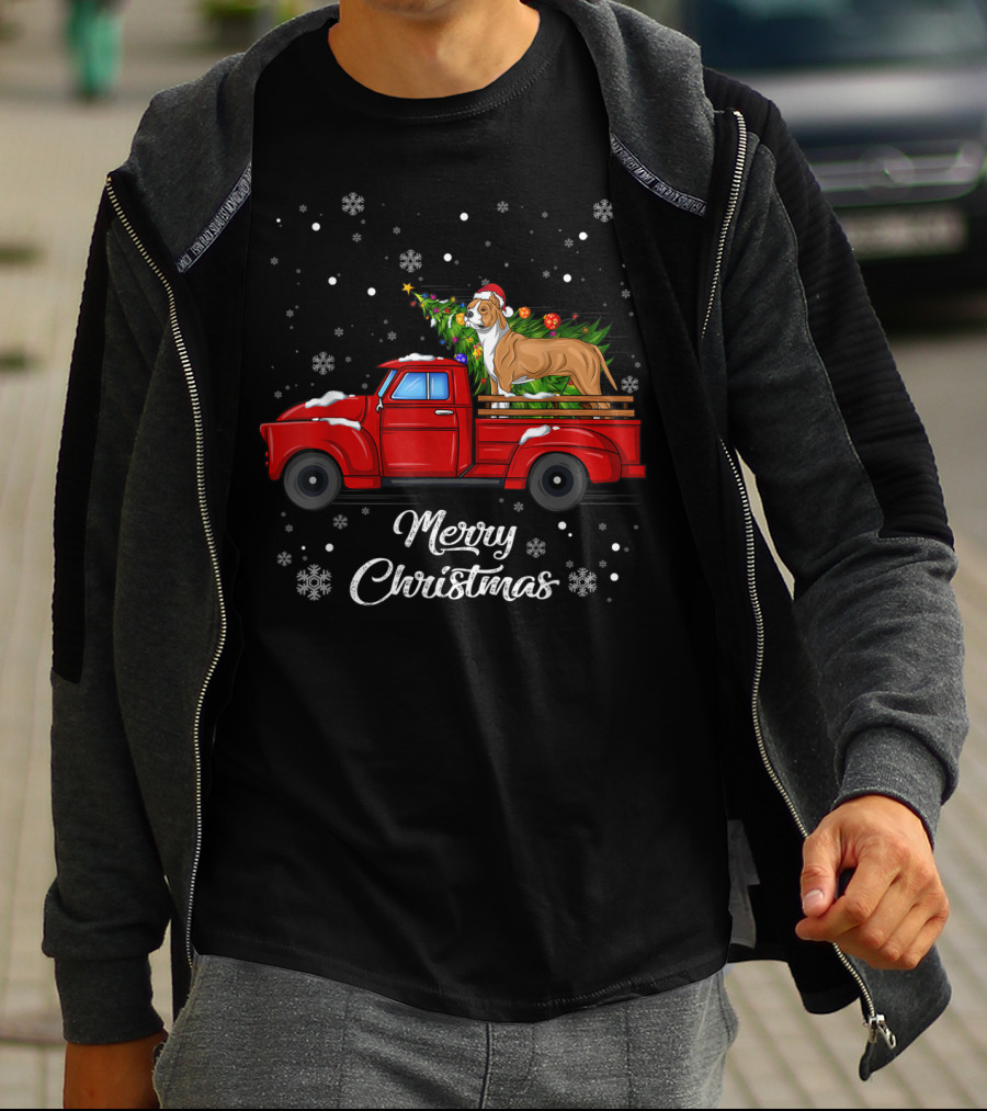 Merry Christmas Pitbull In Red Truck With Christmas Tree And Snowflakes T-Shirt