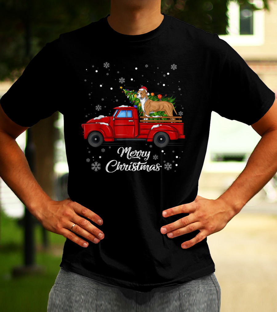 Merry Christmas Pitbull In Red Truck With Christmas Tree And Snowflakes T-Shirt